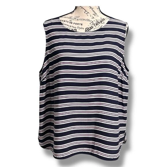 Talbots Petite L Knit Tank Top Navy White Stripe Sleeveless Keyhole Back Blouse - Picture 2 of 8